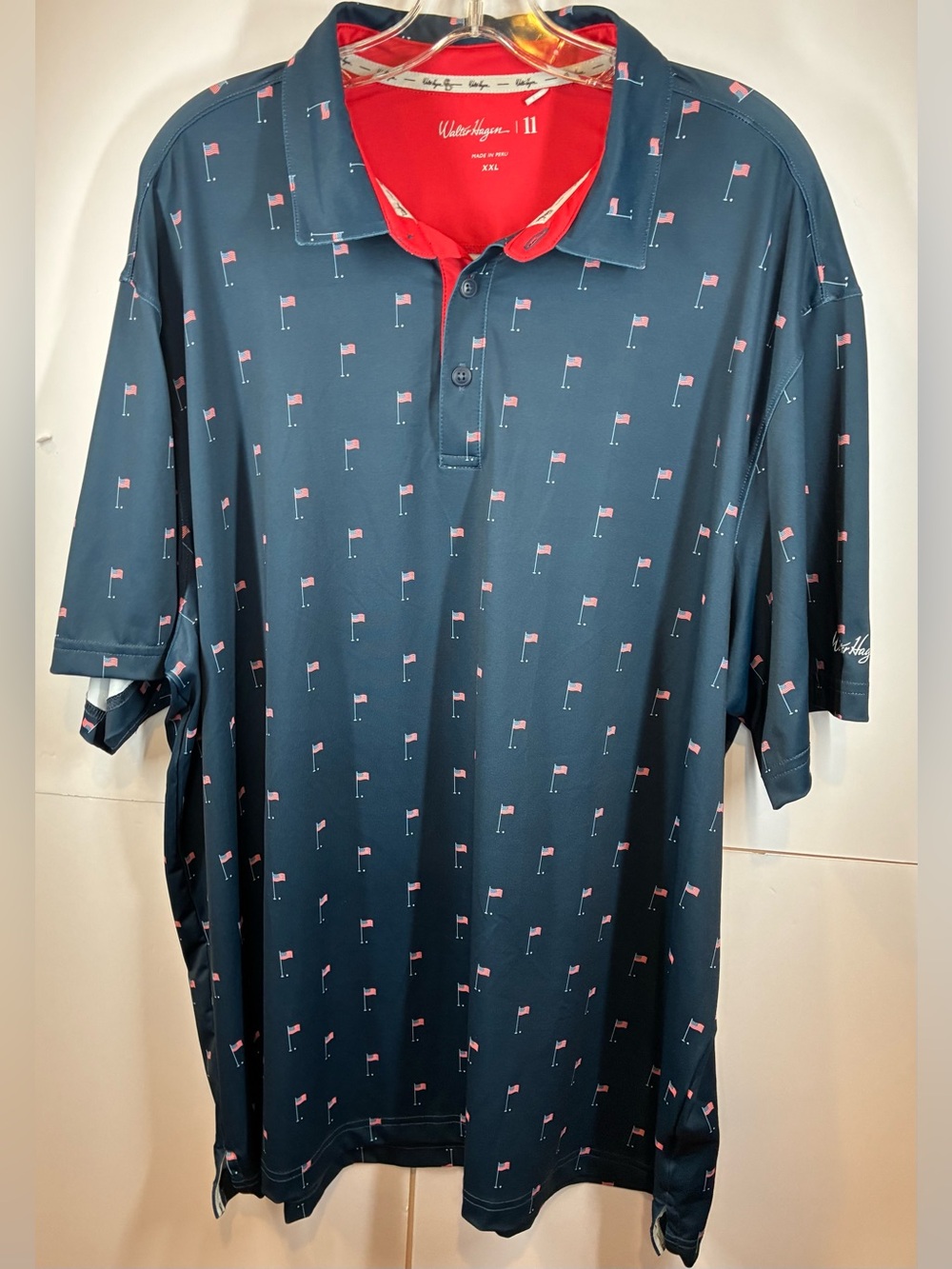 Walter Hagen Golf Polo Shirt XXL Navy American Flag Print Performance Stretch